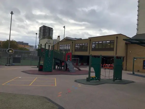 Image taken from school playing area with a new school extension built by us