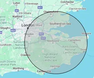 map of south east england. circle drawn on map of South East England showing that we cover London, Kent, Essex, East Sussex, and Surrey